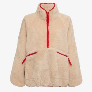 NWT Rumored Sun Valley Sherpa Fleece Jacket Size M/L Ecru White with Red Trim